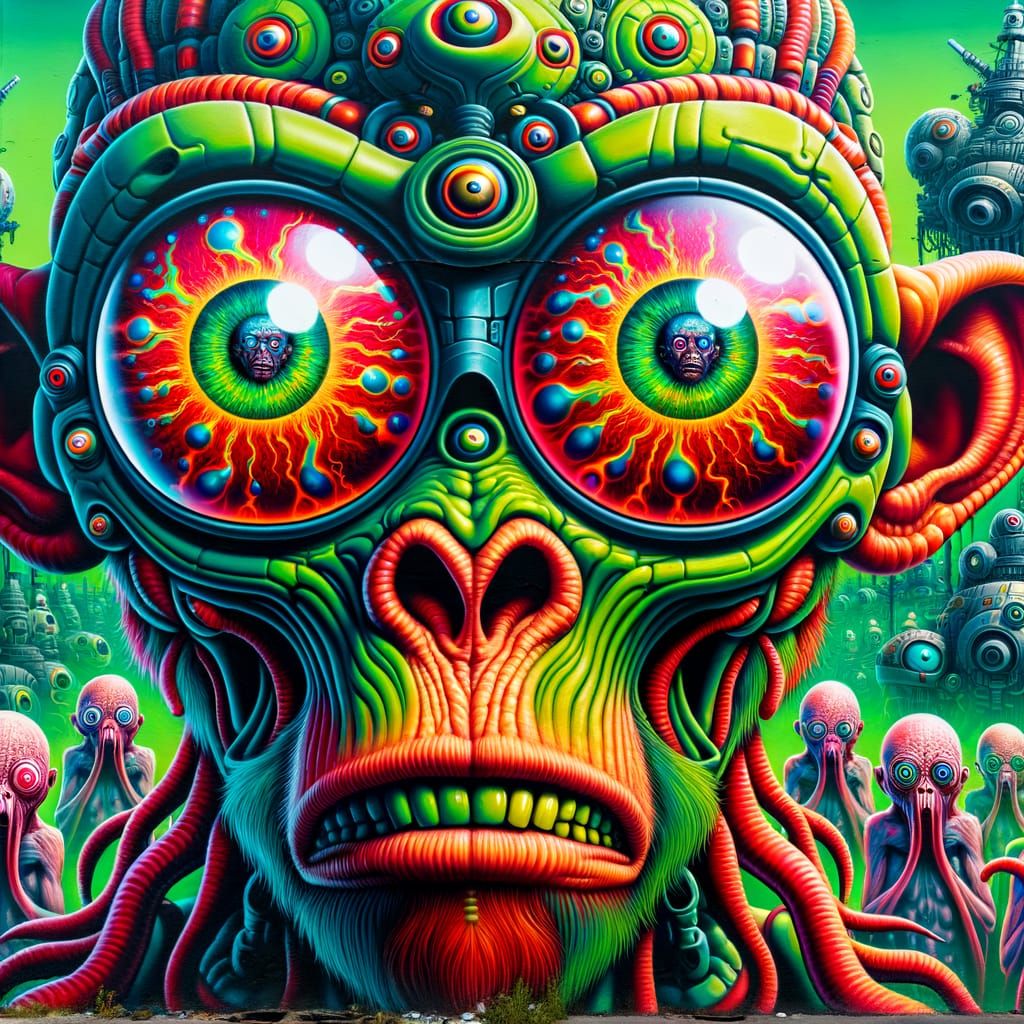 Psychedelic Alien Chimpanzee Warlord with Robot Mural