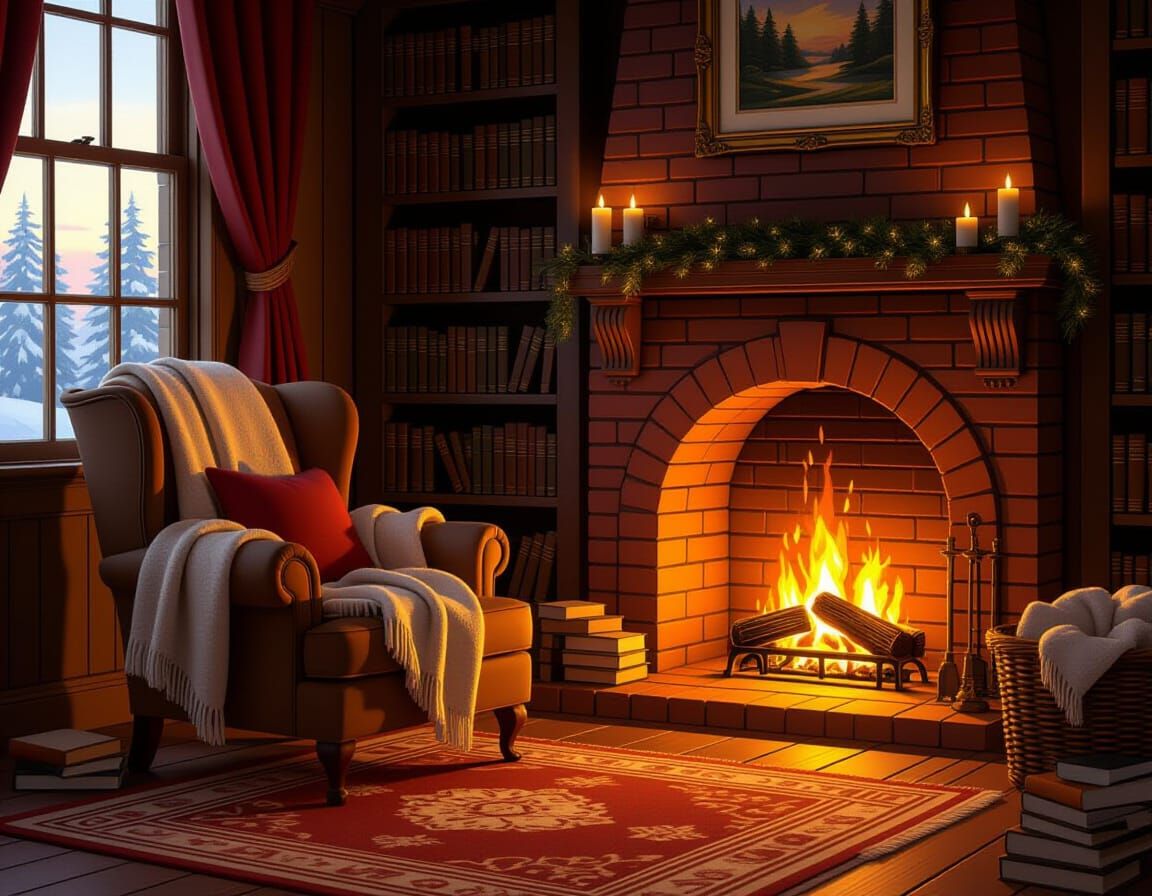 Cozy Armchair by Fireplace in Book-Filled Room