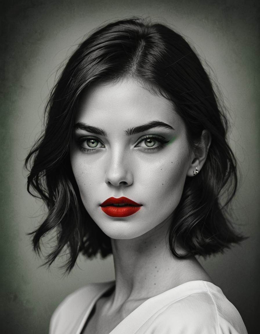 High Contrast Portrait with Red Lips and Green Eyes