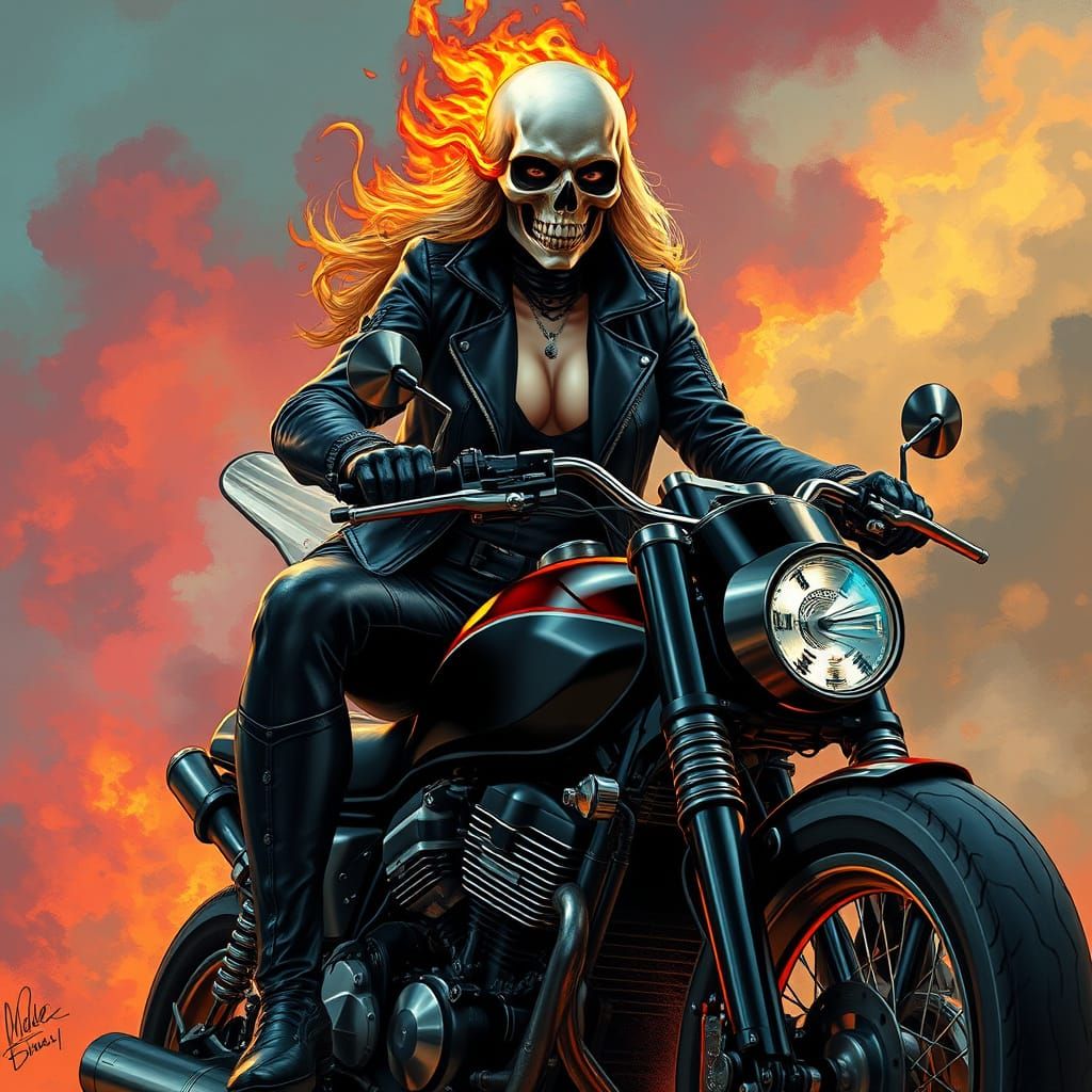 Female Ghost Rider on Motorcycle in Cyberpunk Style