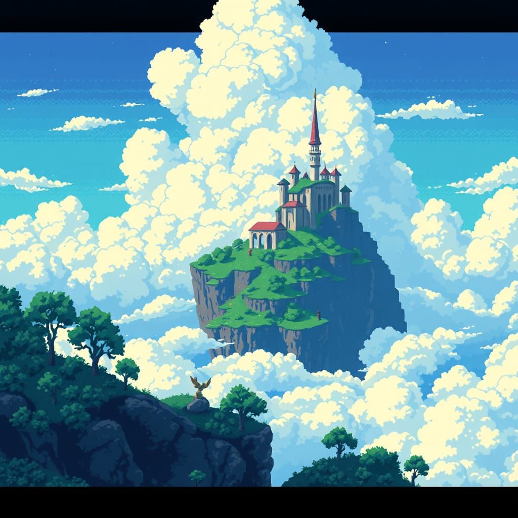Pixel Art Island in the Clouds: Ghibli Style