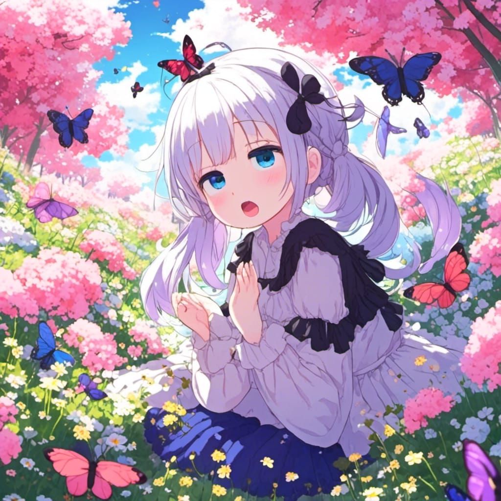 Anime Girl in Flower Garden with Butterflies