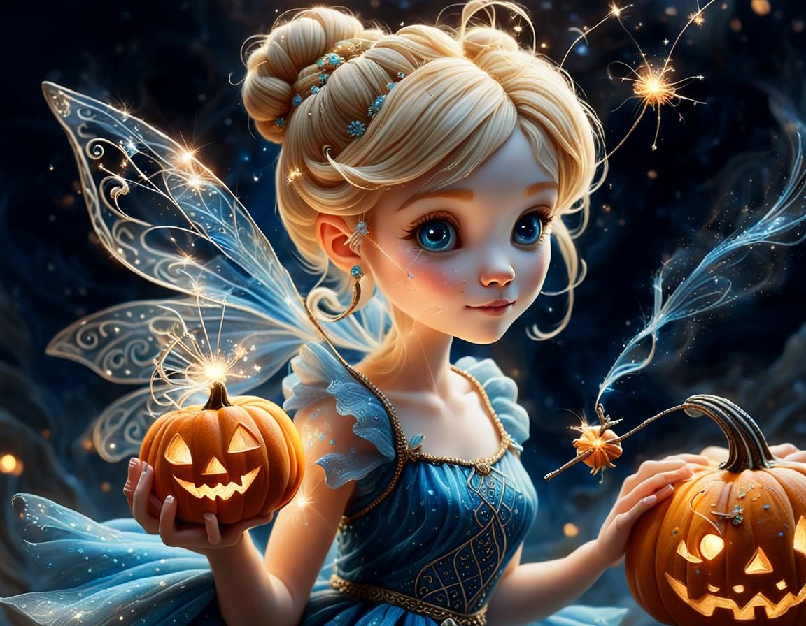 a whimsical, tiny little fairy, blonde hair in a messy bun, she's flying, and her transparent wings & little pixie outfi...