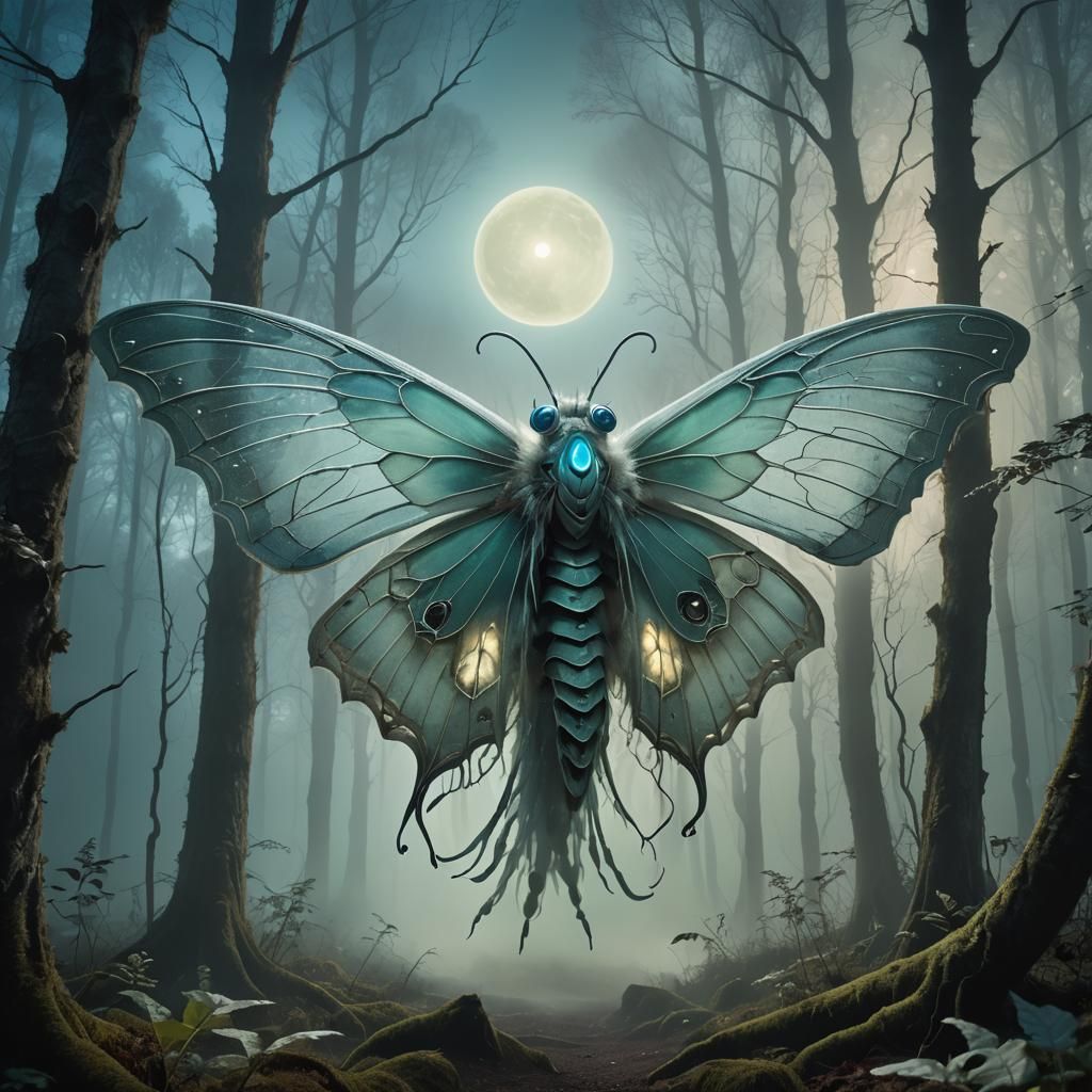 Mothman in Dreamlike Surrealist Forest Landscape