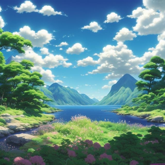 Beautiful Girl with Blue Trees in Ghibli Style