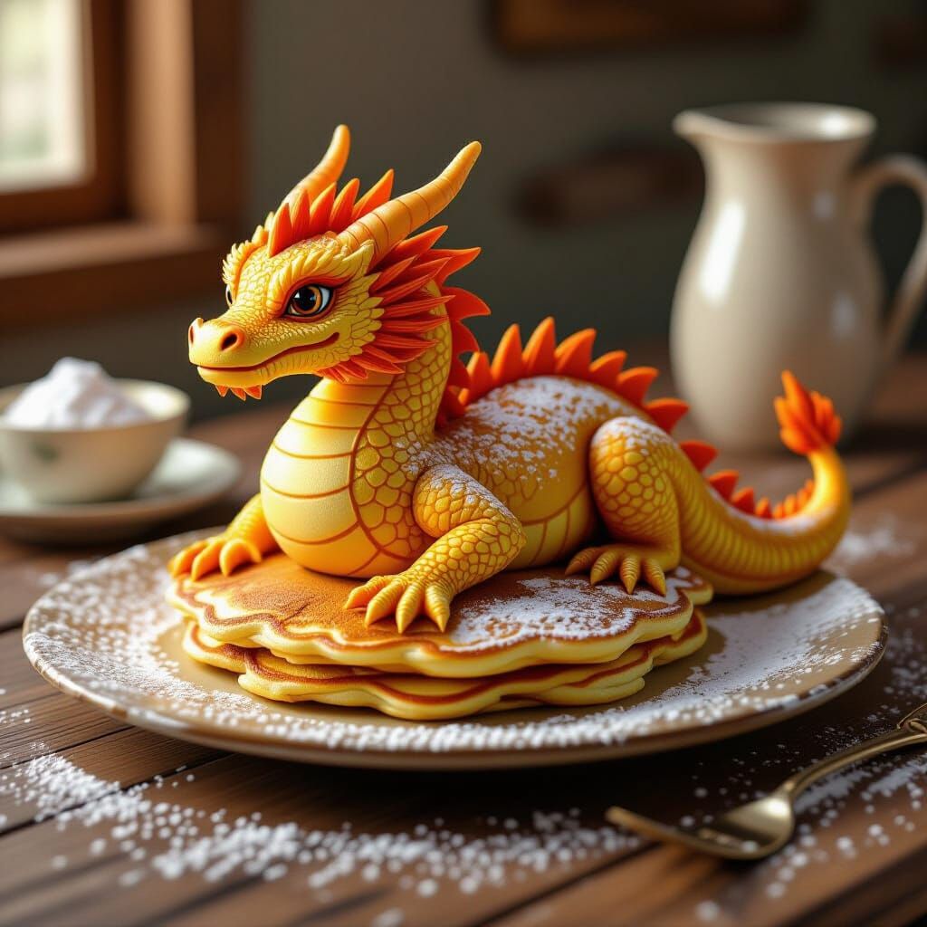 Golden Dragon Pancake Art on Rustic Table