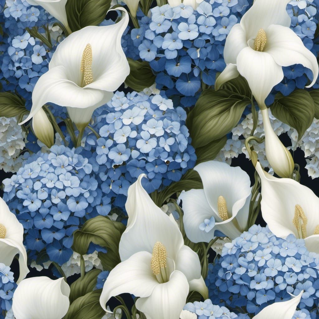 <lora:Morpheus :1.0> Cole & Son floral wallpaper of blue hyd...