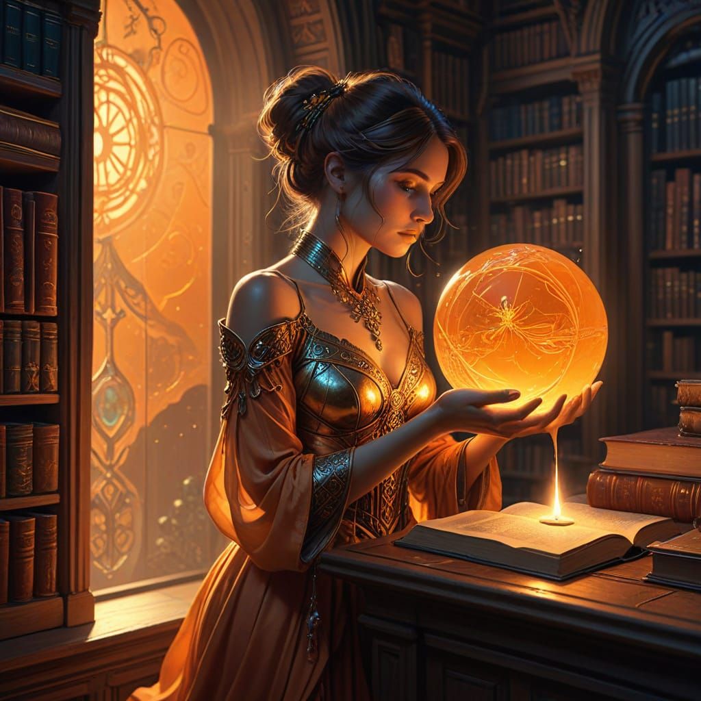 Mysterious Glowing Orange Object in Library Concept Art