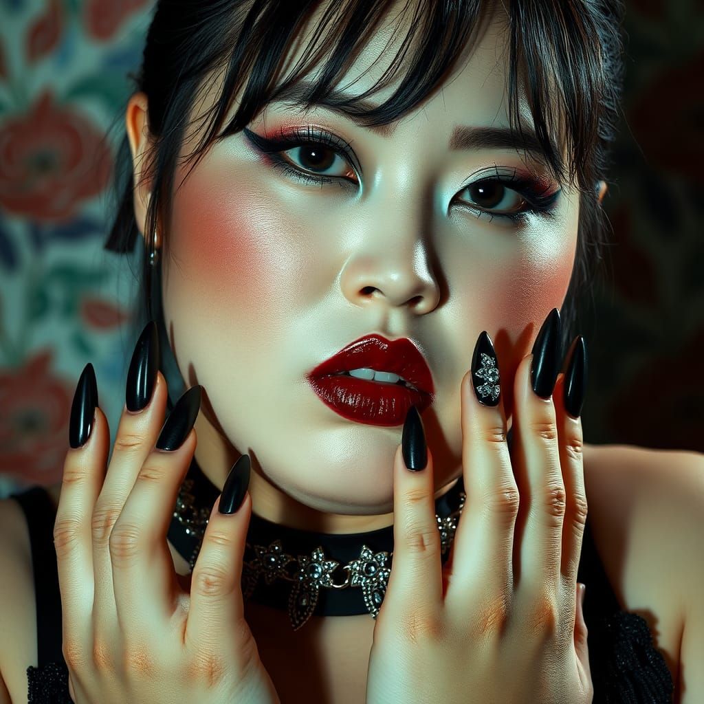 Gothic Japanese Woman with Rhinestone Nails, Splash Art