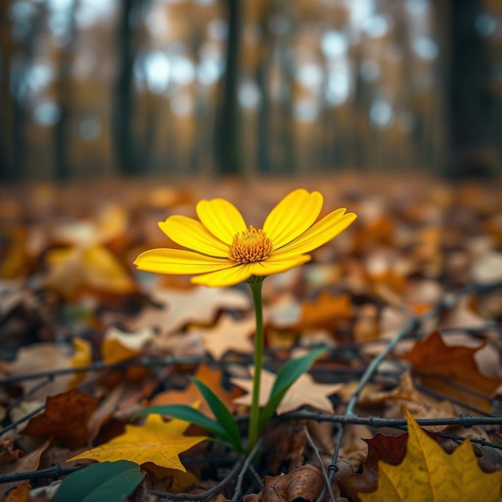 Yellow Flower in Autumnal Forest: Natural Photography