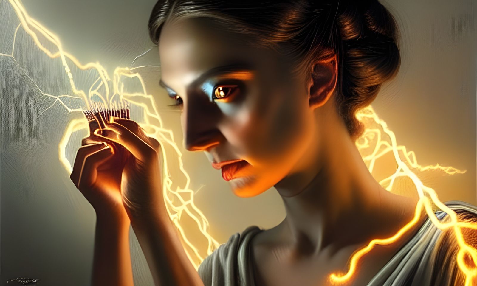Beautiful Woman Holding Electricity in Hyperrealism