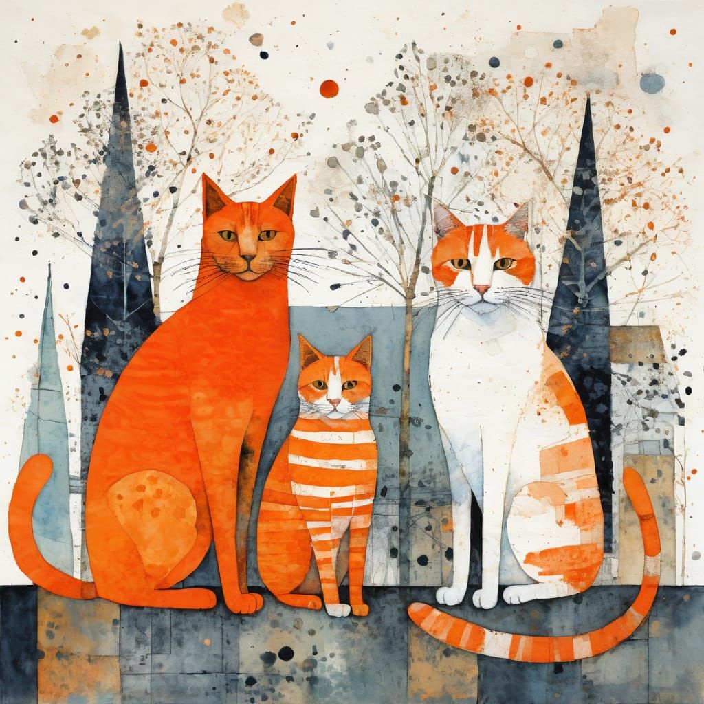 Orange Cat Family Portrait in Naive Art Style
