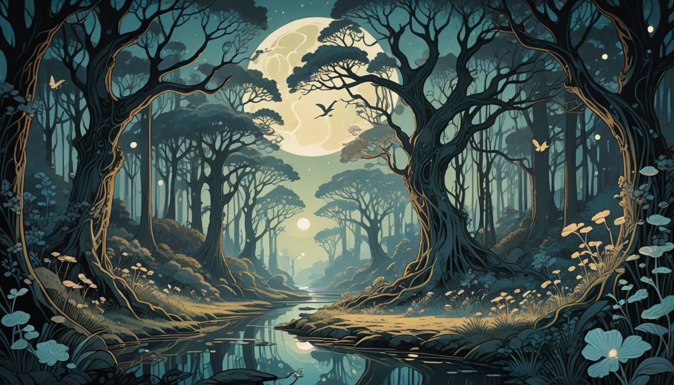 Ethereal Forest Clearing with Bioluminescent Fungi in Art No...