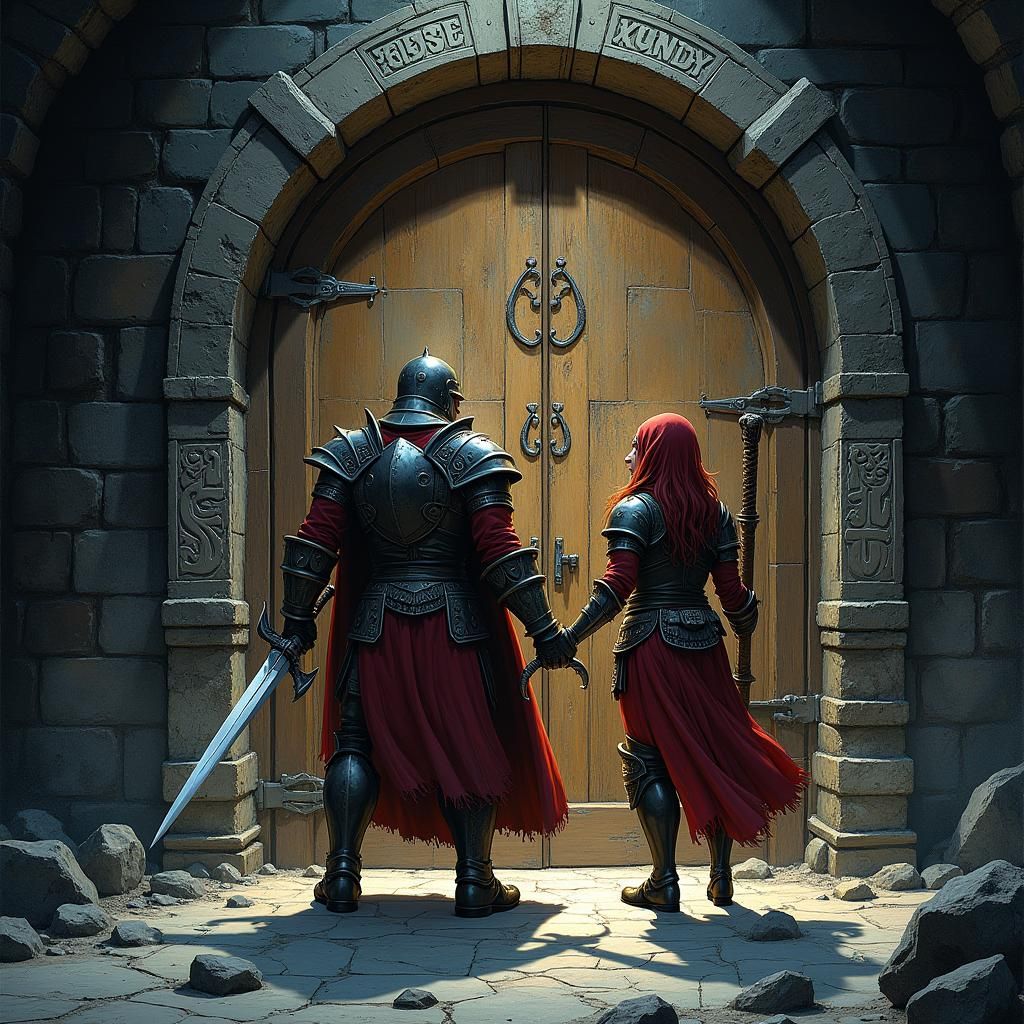 Heroes Enter Ominous Dungeon in Fantasy Art Style