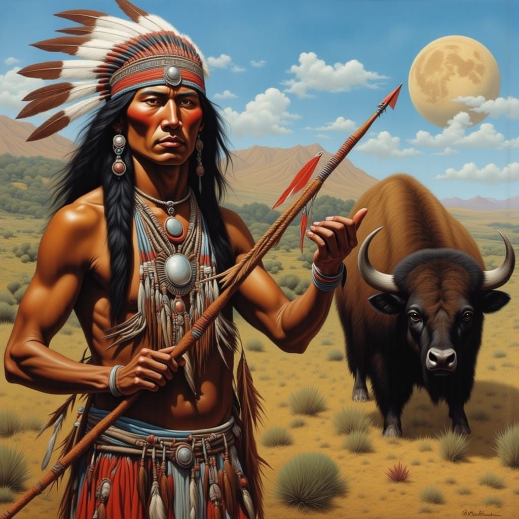 Native American Archer Pursues Bison in Abstract Thunder