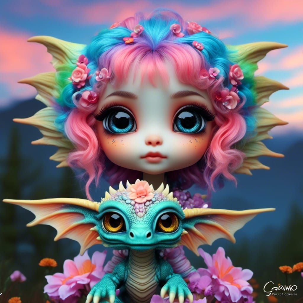 Adorable Alien Dragon Hatchling with Glowing Flower