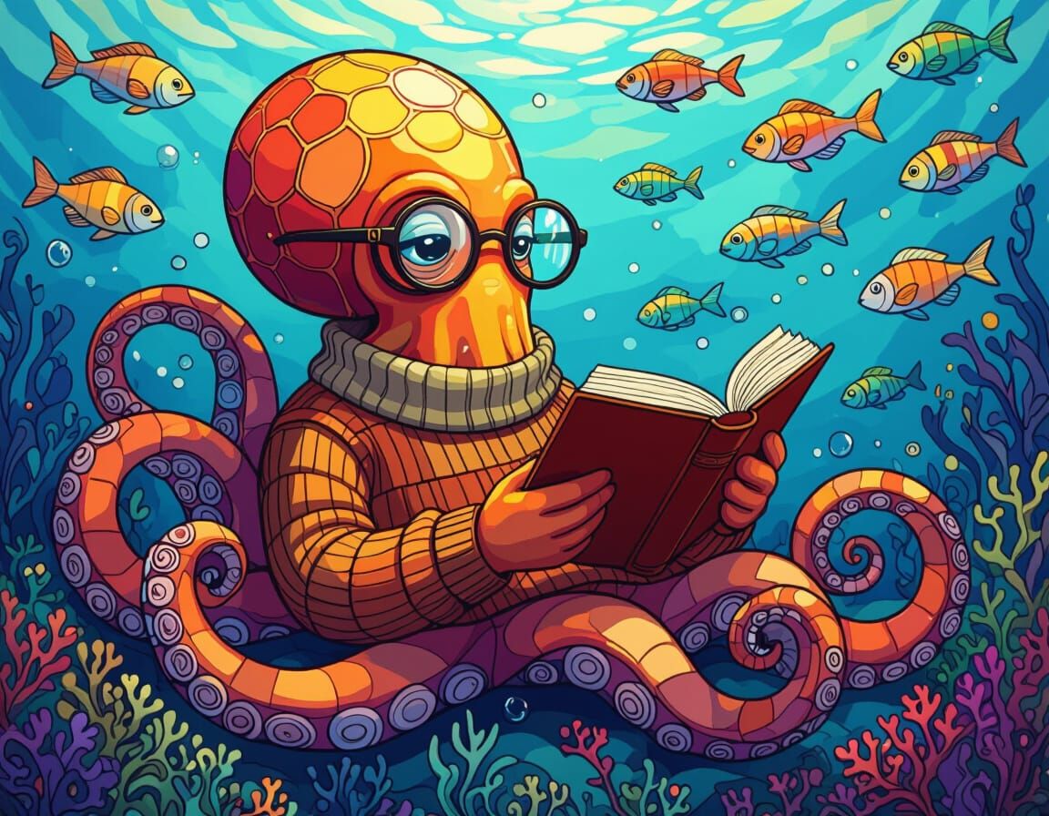 Stained Glass Octopus Reading Book in Oceanic Setting