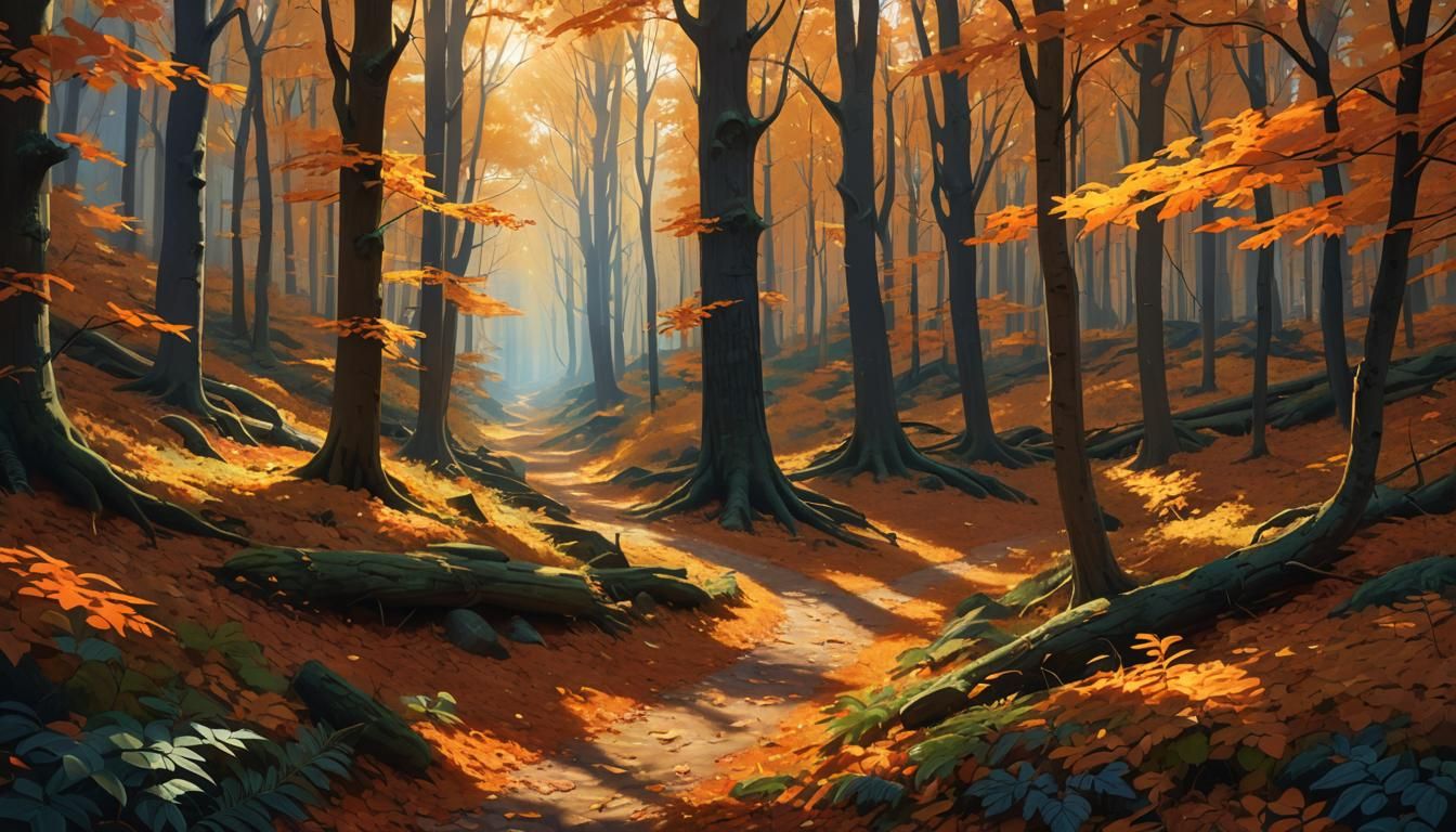 Autumn Forest Path: Hyperrealistic Digital Painting