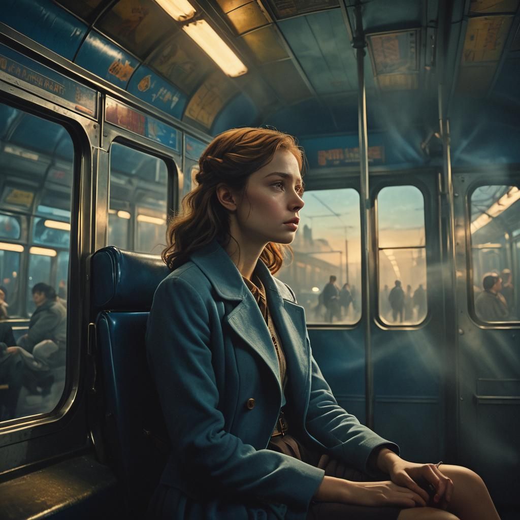 Lonely Woman on Subway in Cinematic Style