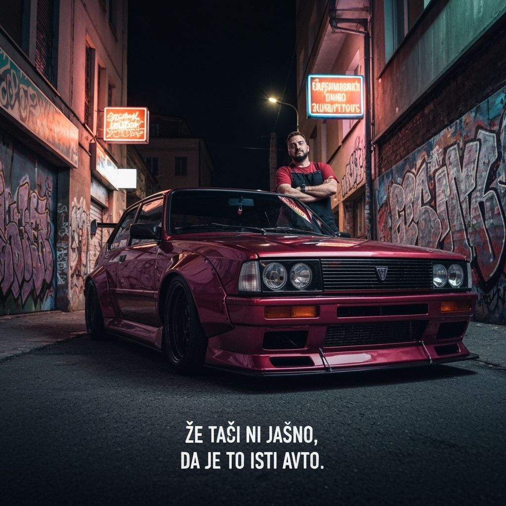 Modified Zastava in Neon-Lit Balkan Alley