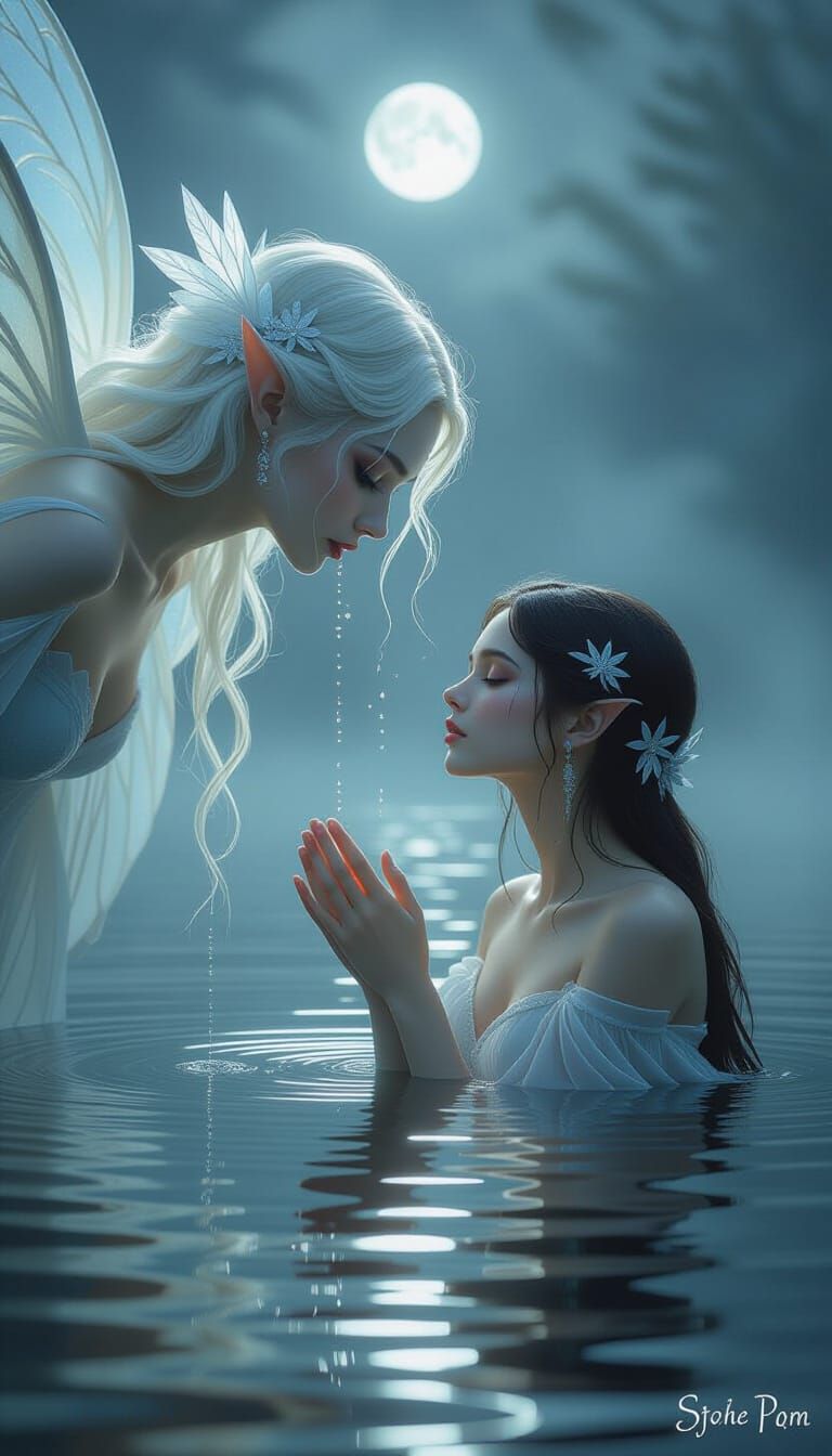 Ethereal Sylph and Water Nymph Meet Above Moonlit Lake