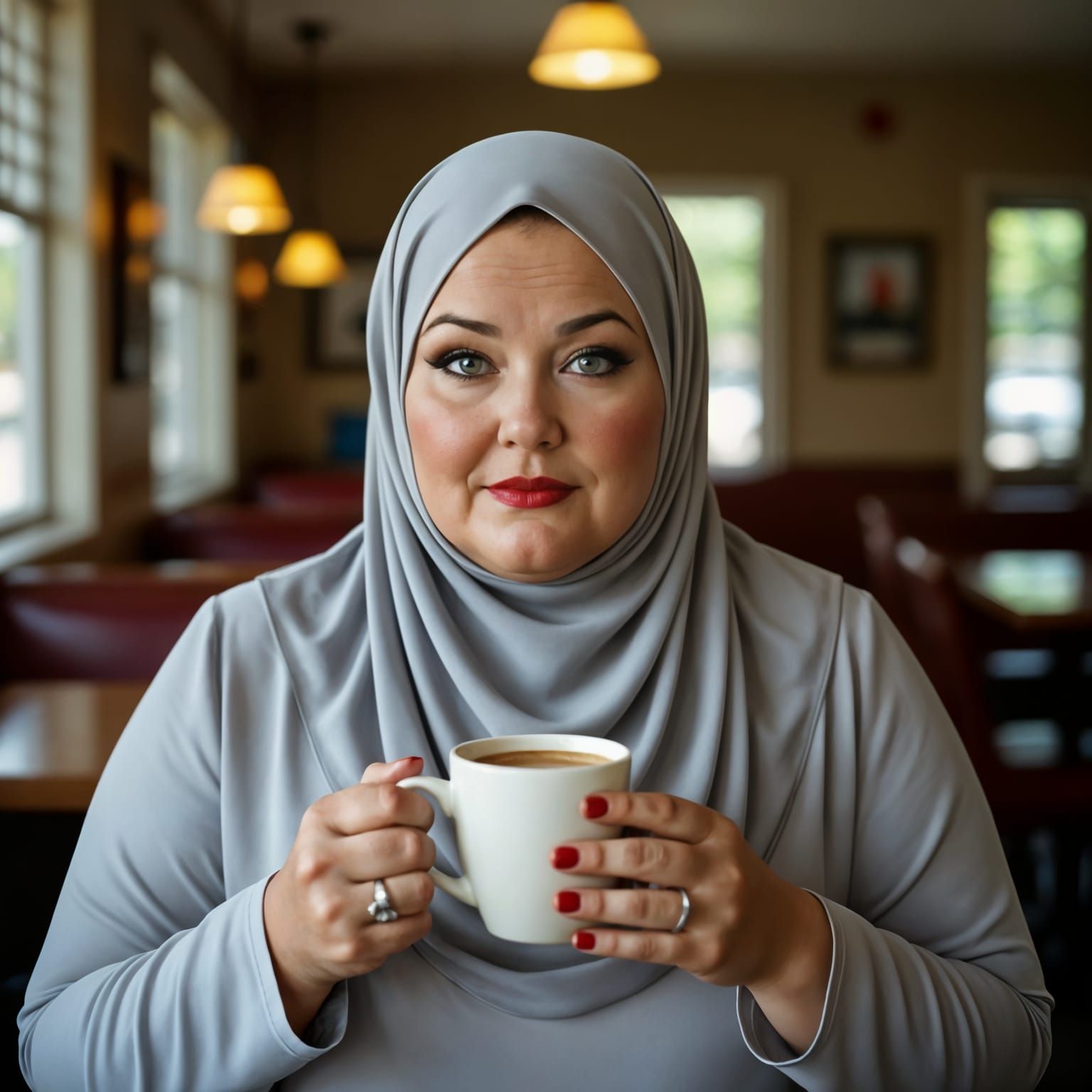 Cinematic Portrait of a Woman in Hijab Holding Coffee