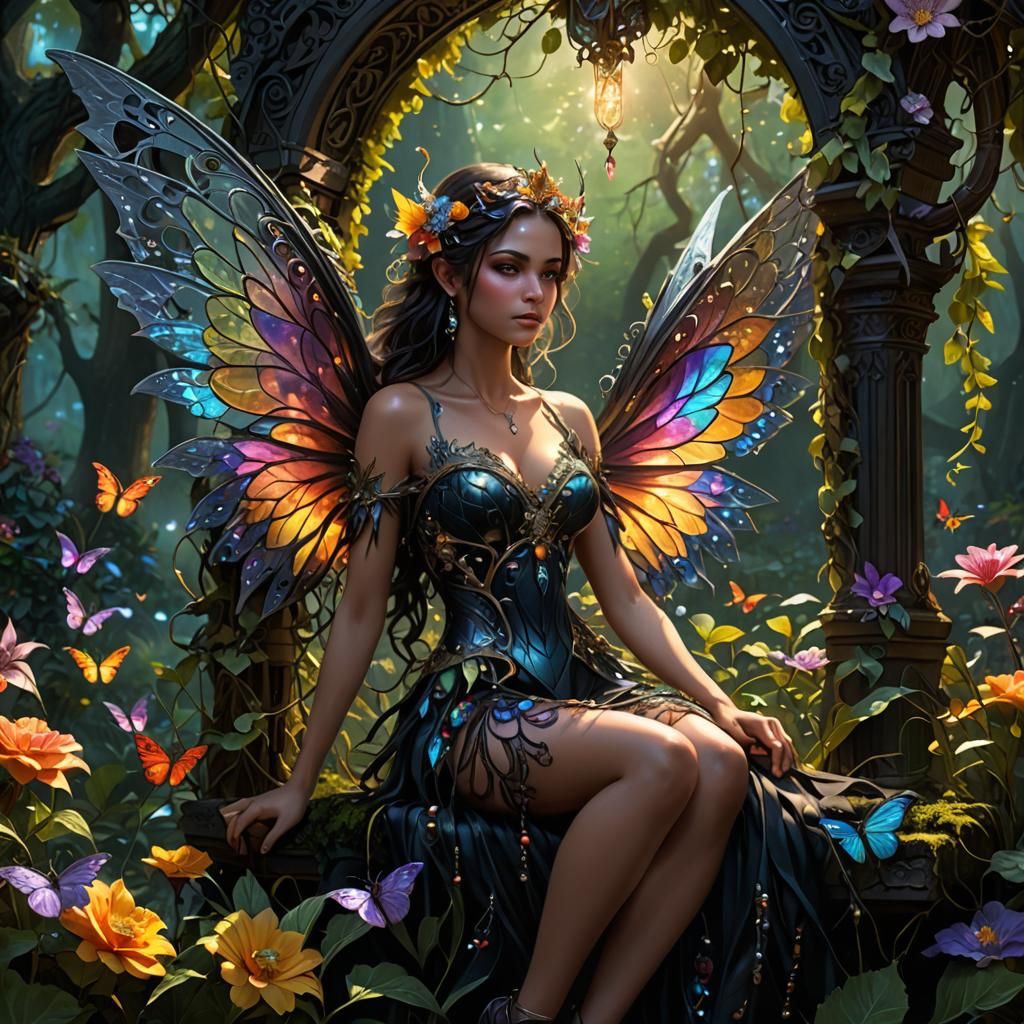 Fairy with Iridescent Wings in Dark Fantasy Style