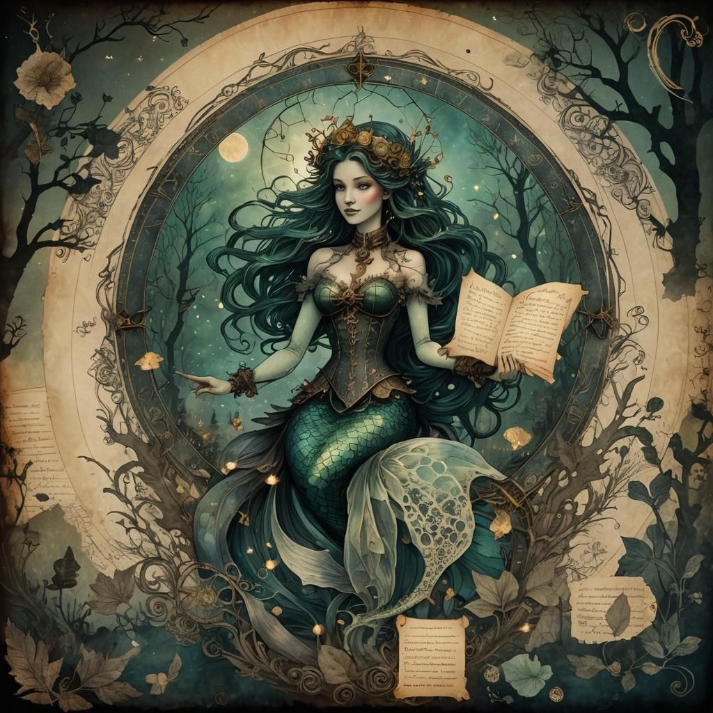 Luminescent Mermaid on Parchment in Steampunk Forest