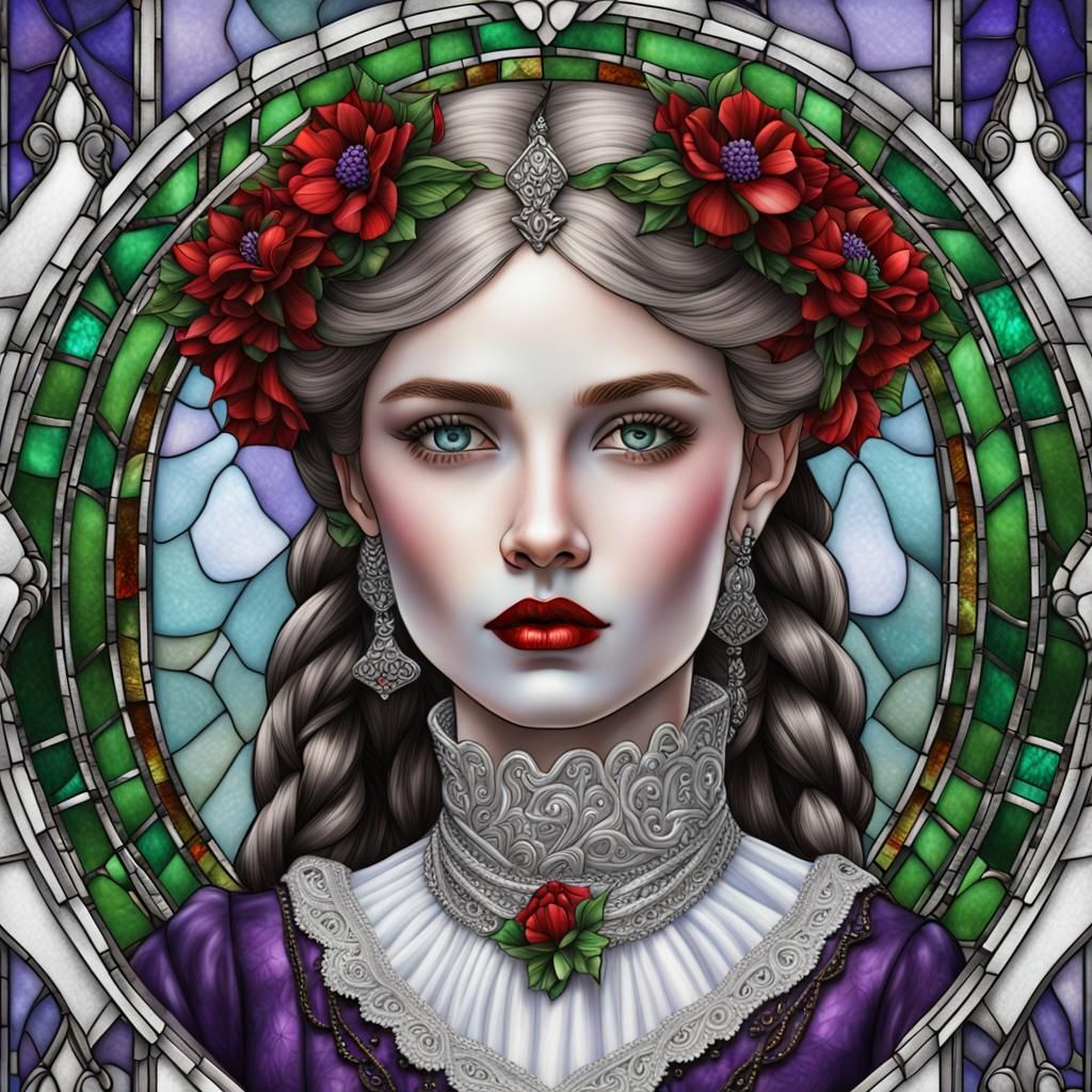 Photo realistic fantasy art of a white woman with a bright white polished Stone face featuring subtle stained glass mark...