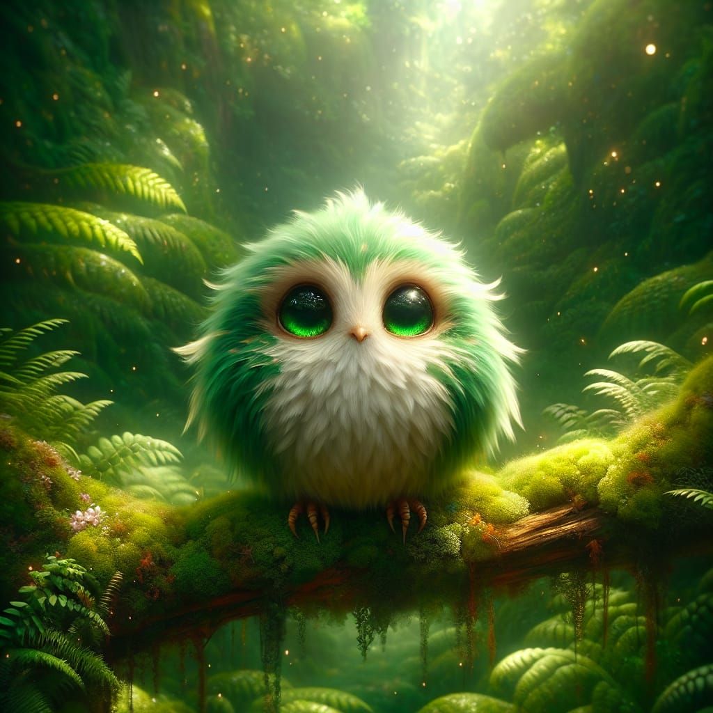 Fluffy Green 3D Bird Creature in Mossy Forest