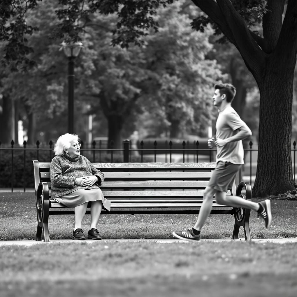 Grannies Watch a Young Jogger in Black and White