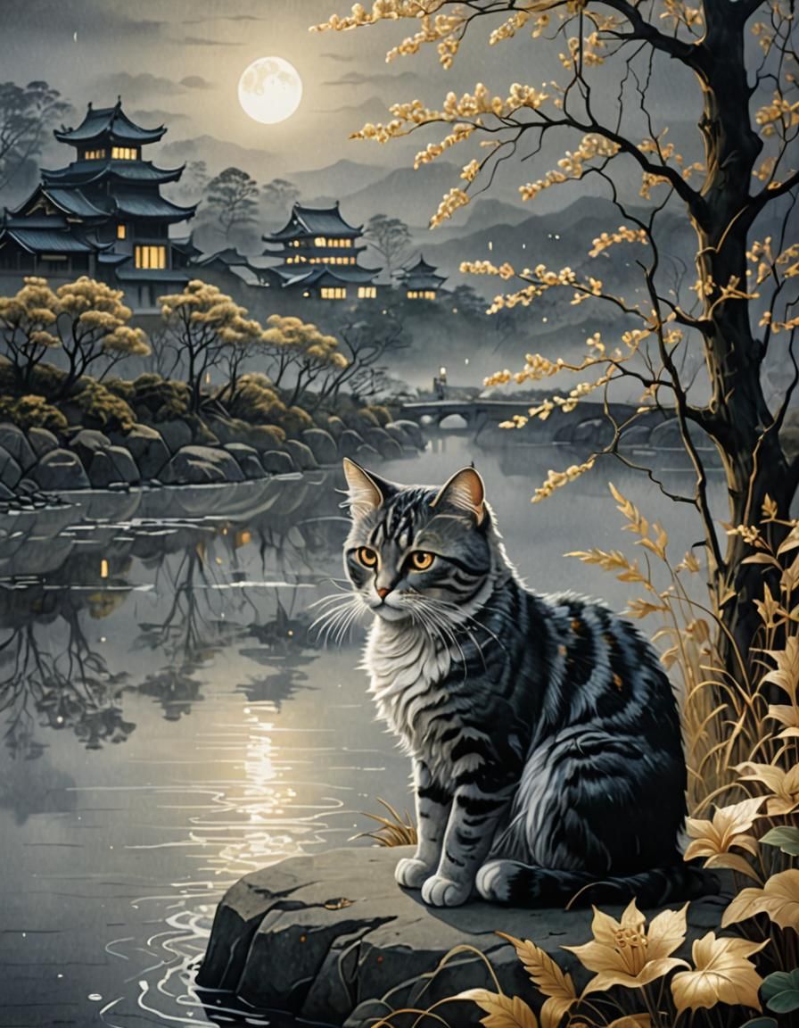 Lonely Cat on Riverbank in Ethereal Japanese Style
