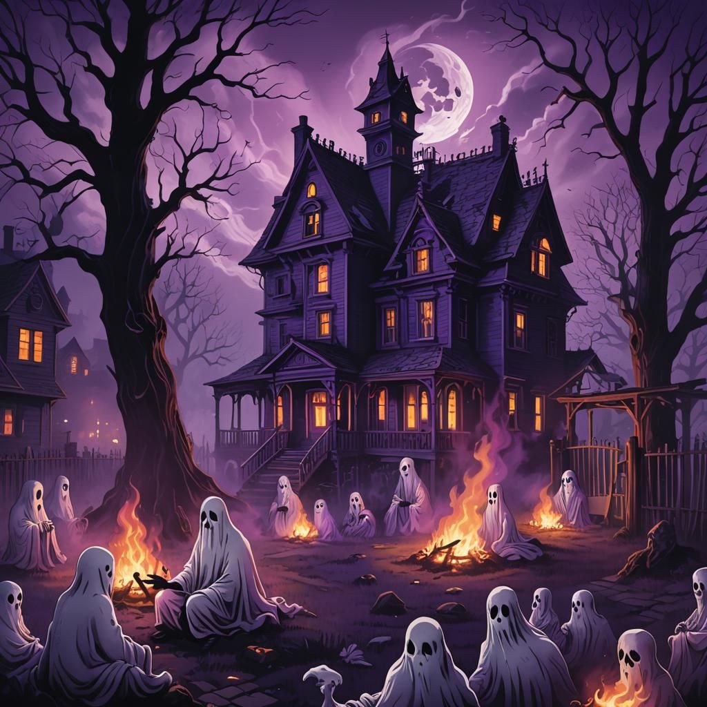 Ghosts Around Purple Fire in Dark Fantasy Style