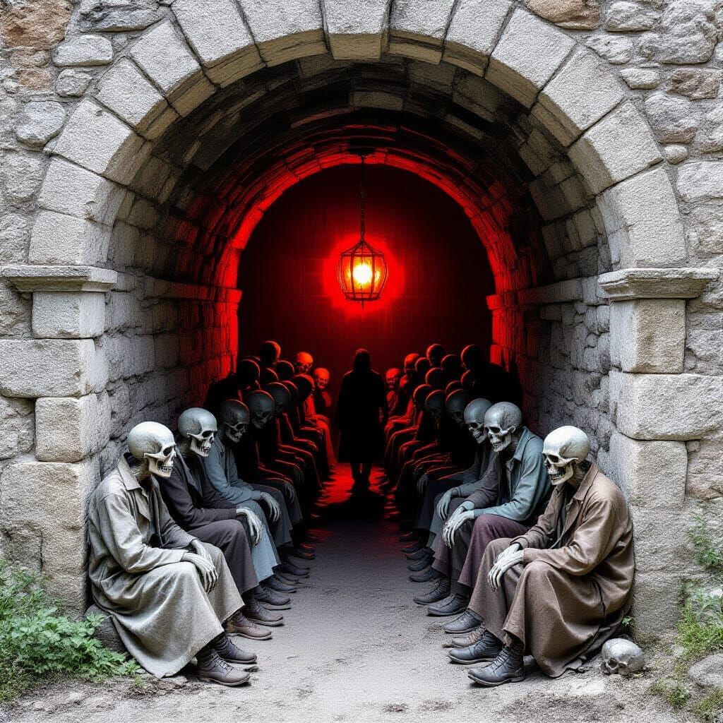 Zombies Descend Towards Crimson Light in Crypt