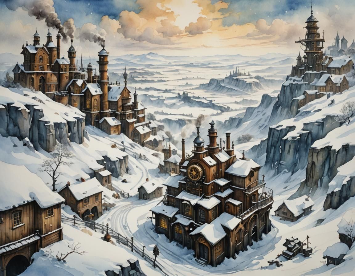 Steampunk Landscape in Snow, Watercolour Style
