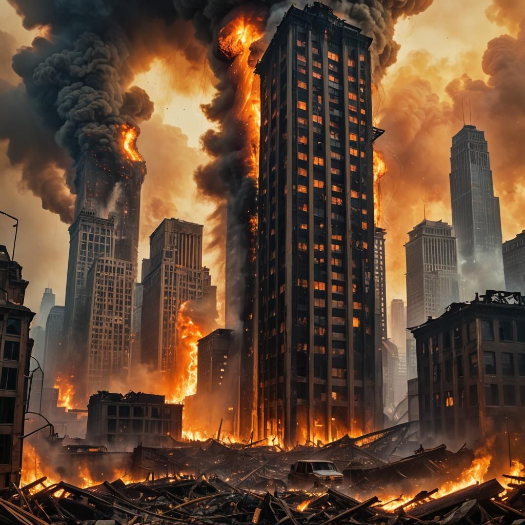 Inferno Engulfs Cityscape: A Fantastical Matte Painting