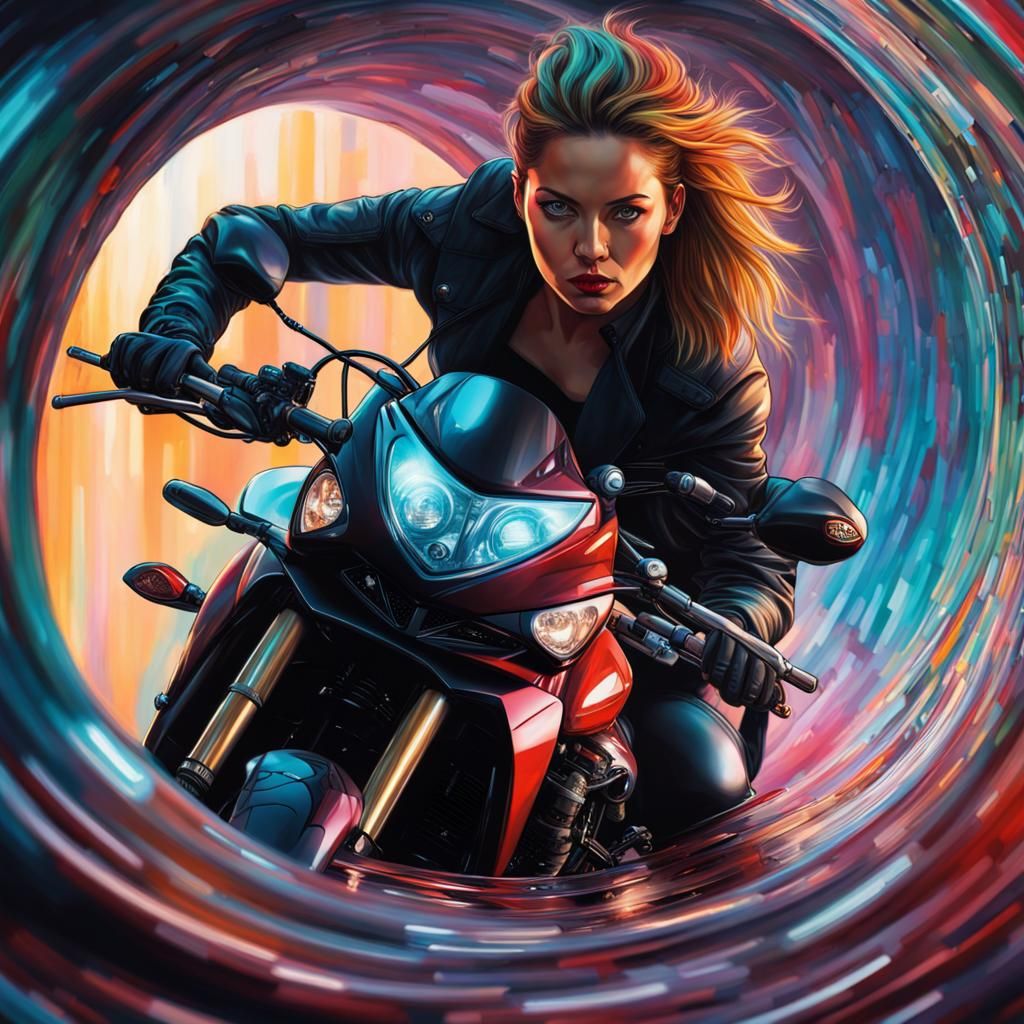 Futuristic Woman in Rabbit Hole with Motorcycle