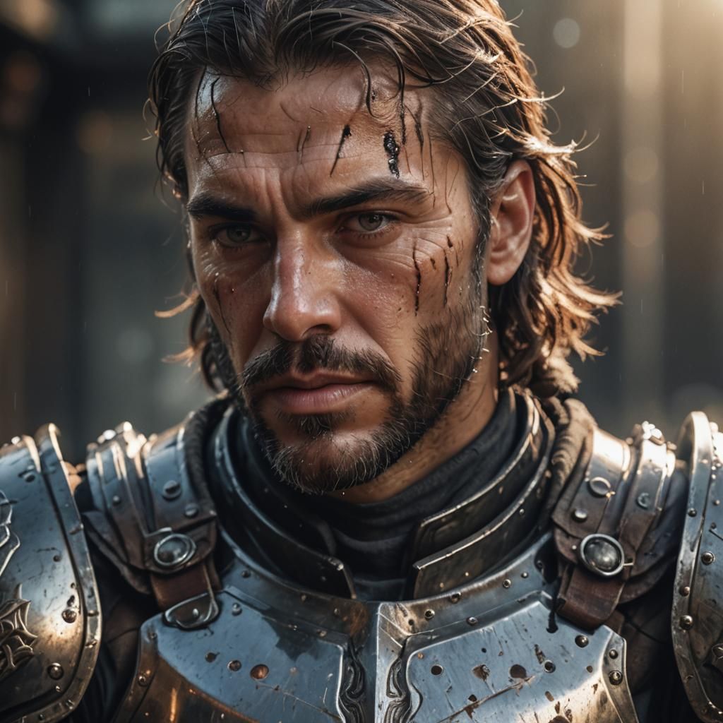 Intense Warrior in Battle-Worn Armor: Hyper-Realistic Close-...