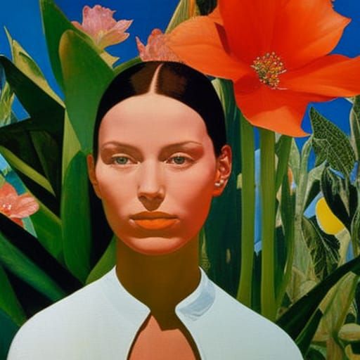 Smiling Woman and Baby in Tropical Flora