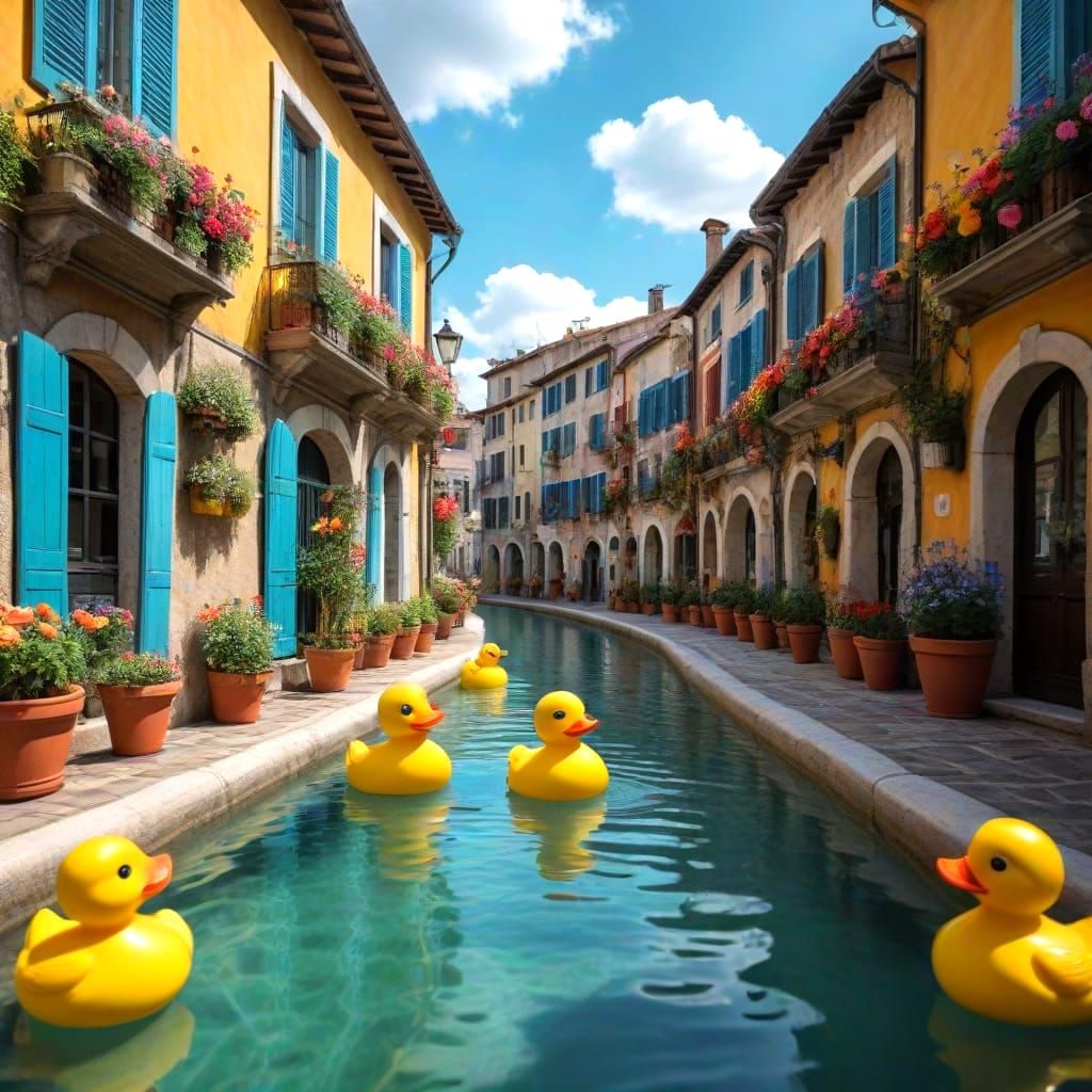 Ethereal Italian Town Scene with Five Yellow Rubber Ducks
