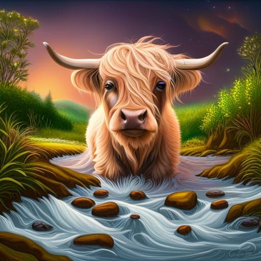 Highland Calf with Koi in Candyland Splash Art