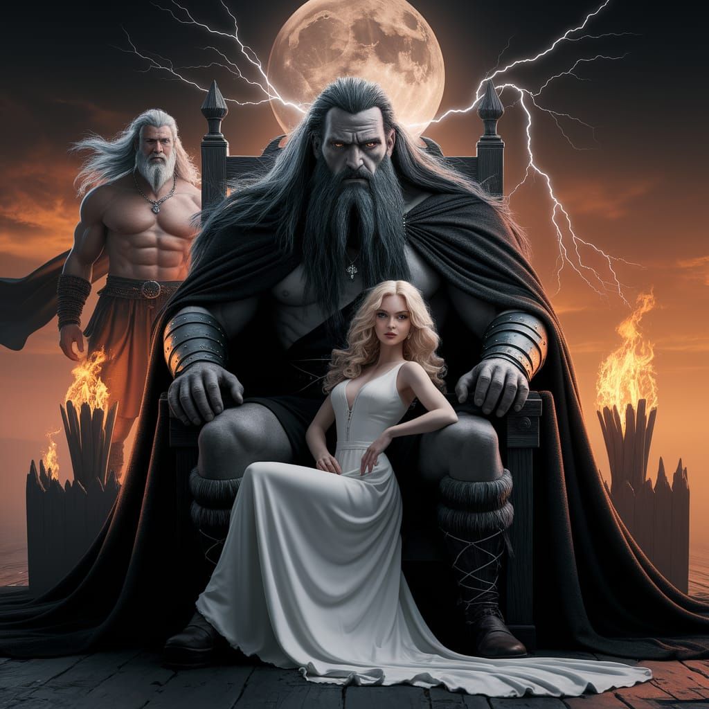 Giant King on Dark Throne Under Moonlit Sky