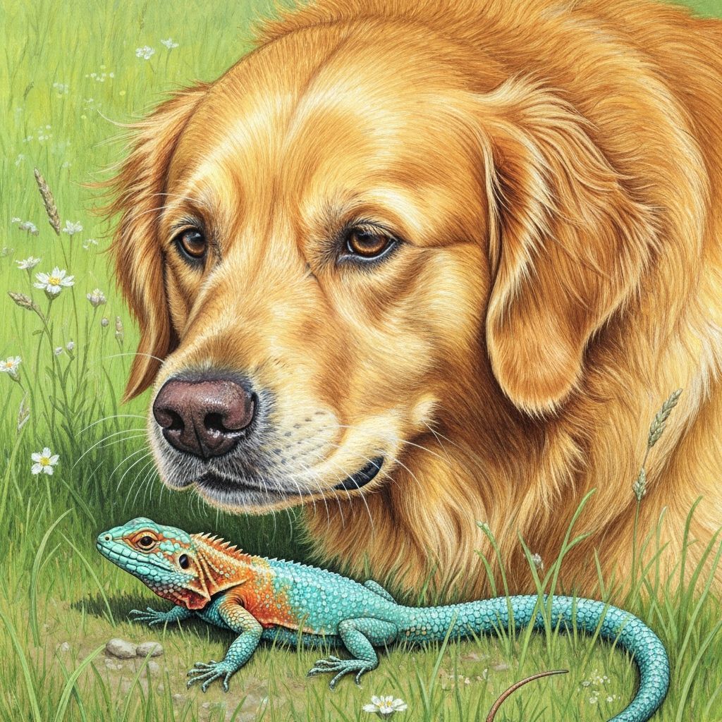 Dog Sniffs Colorful Lizard in Detailed Gouache Painting