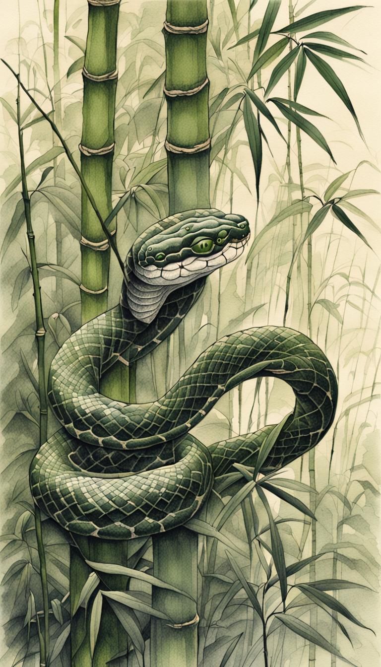 Snake and Bamboo: Pen and Ink Drawing