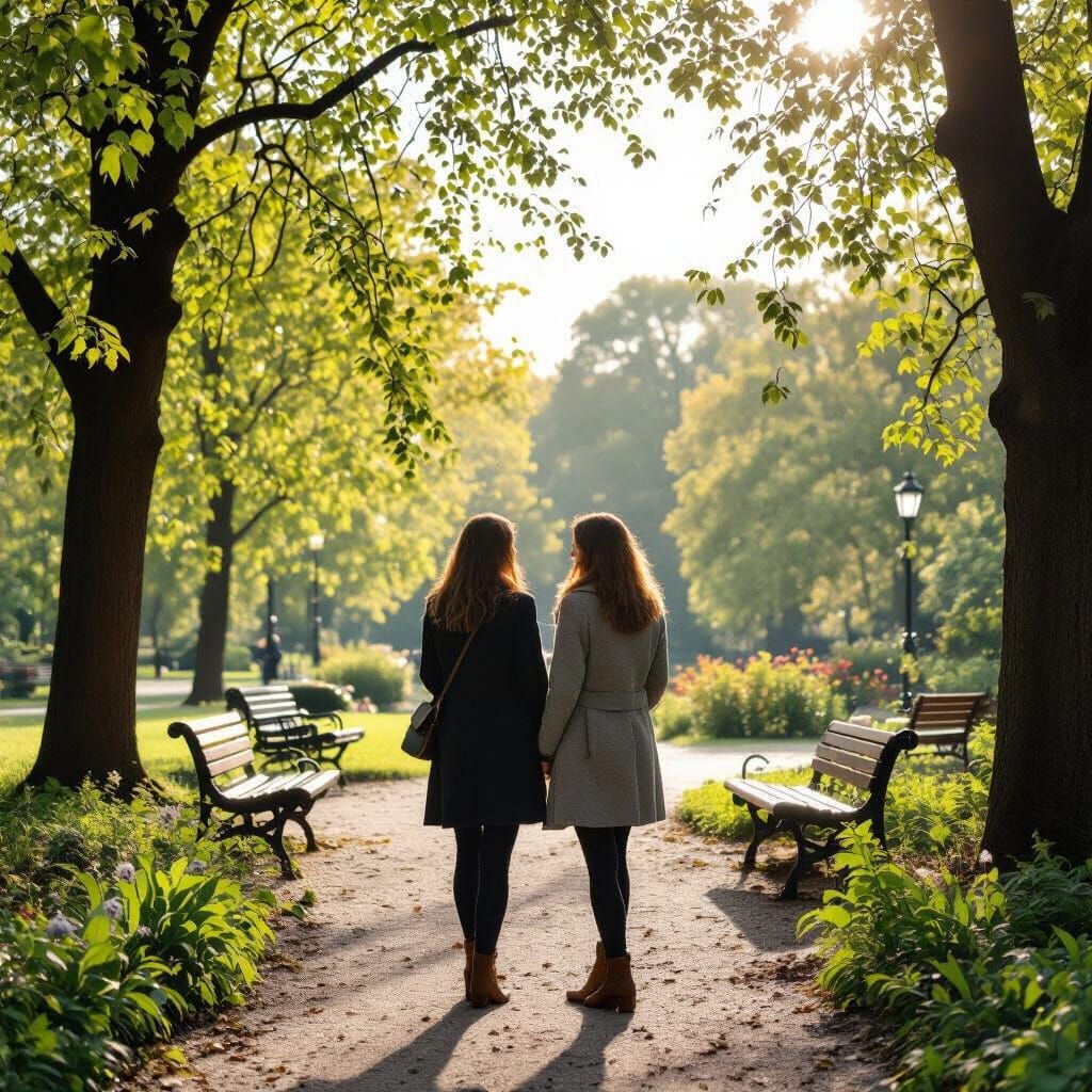 Verdant Park Scene with Two Women, Soft Lighting