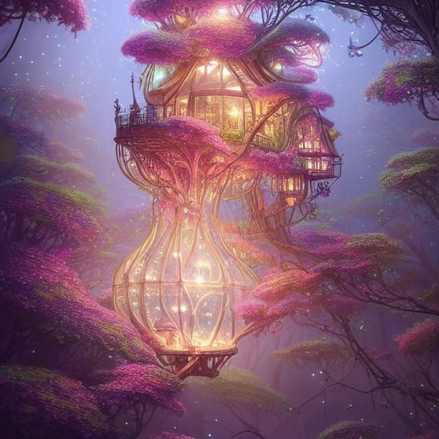 Floral Treehouse: Detailed Digital Illustration