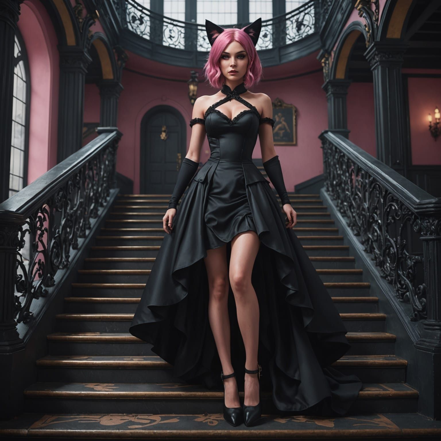 Adult Pink Haired Catgirl Descending Staircase