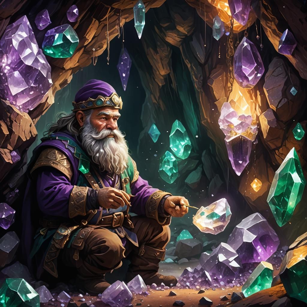 Dwarf Miner Extracting Crystals: Art Nouveau Concept Art