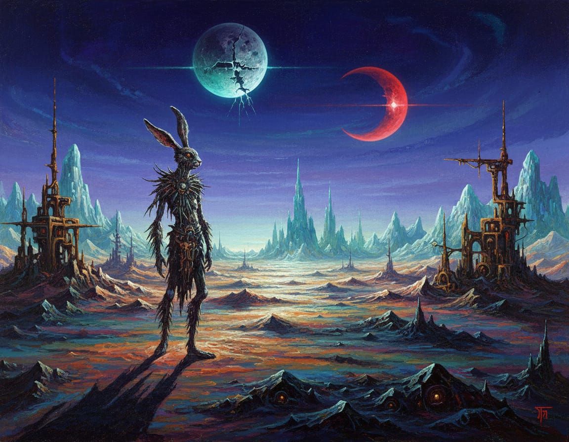 Anthropomorphic Rabbit on Alien Plain with Crystal Mountains