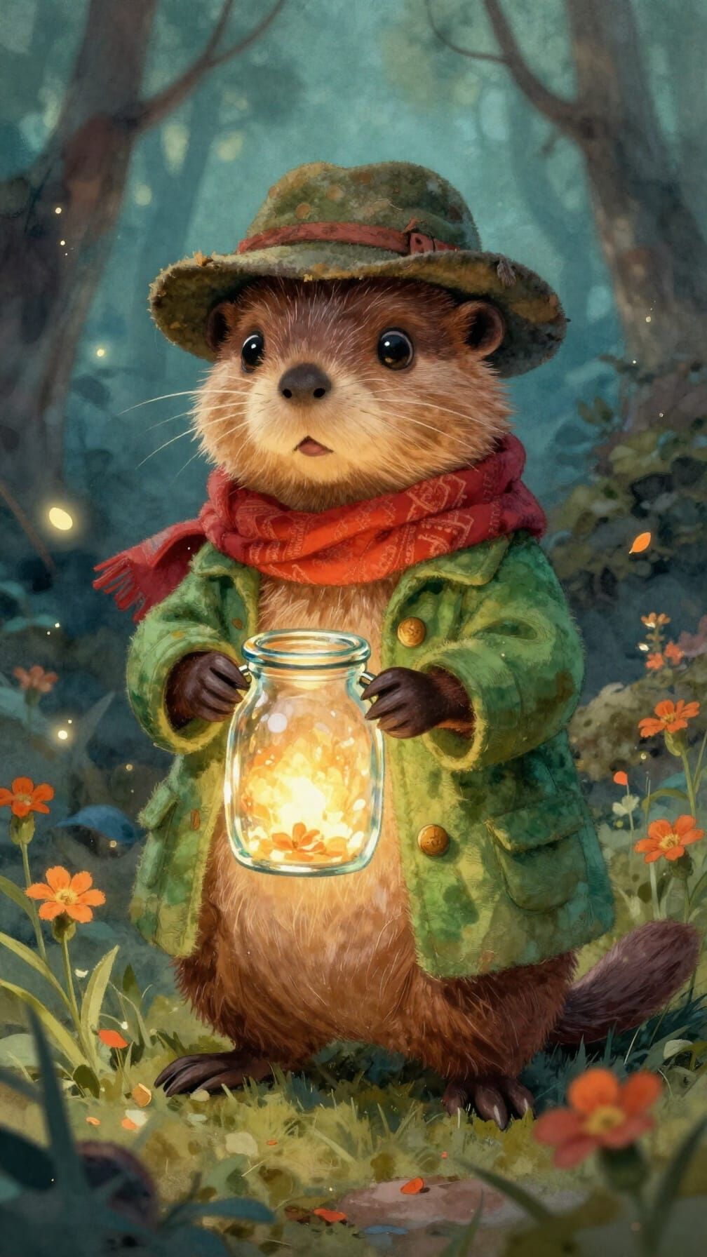 Whimsical Beaver Creature in Magical Forest Watercolor